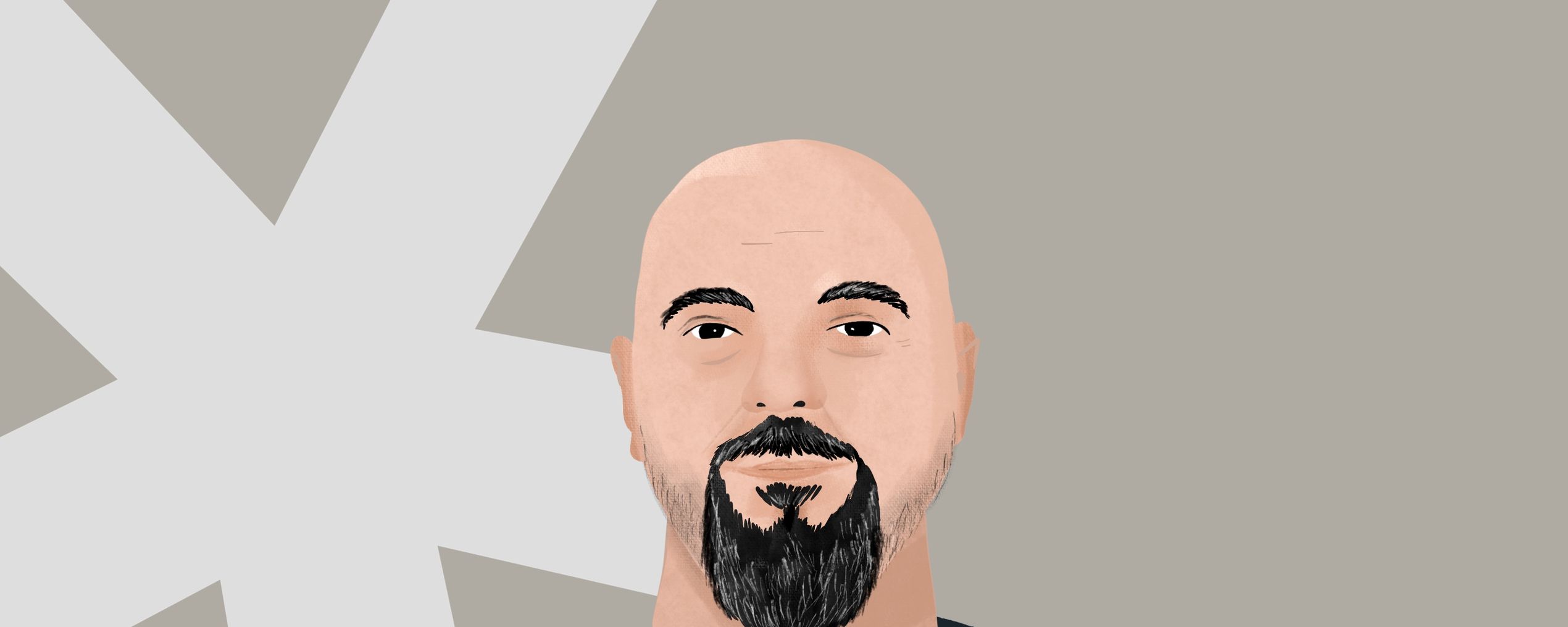 Illustration of a bald man with a dark beard on a gray background with a white asterisk shape.