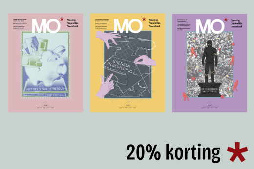 Three MO* magazine covers with various themes, and a "20% korting" (discount) offer on a light gray background.