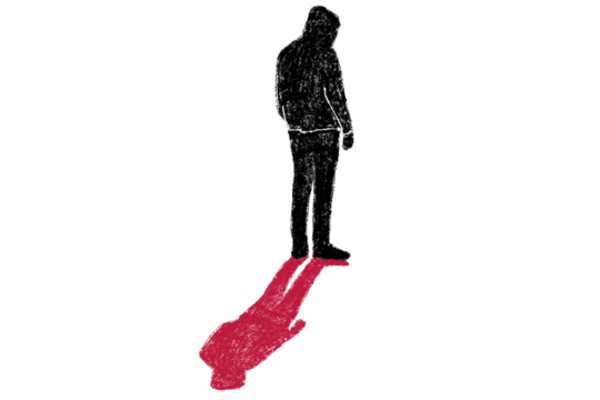 Silhouette of a person standing with a red shadow resembling a different figure on a white background.