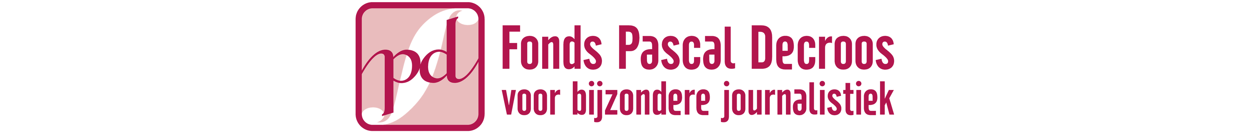 Logo of Fonds Pascal Decroos voor Bijzondere Journalistiek, with stylized "pd" in a pink square and text in bold pink font.