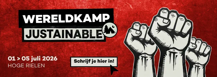 banner voor het wereldkamp van Broederljk Delen