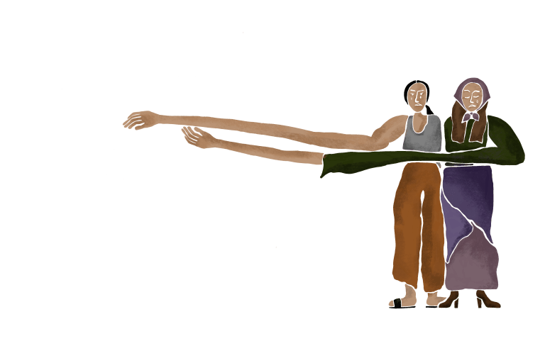 Illustration of two intertwined people with elongated arms wearing colorful outfits on a neutral background.