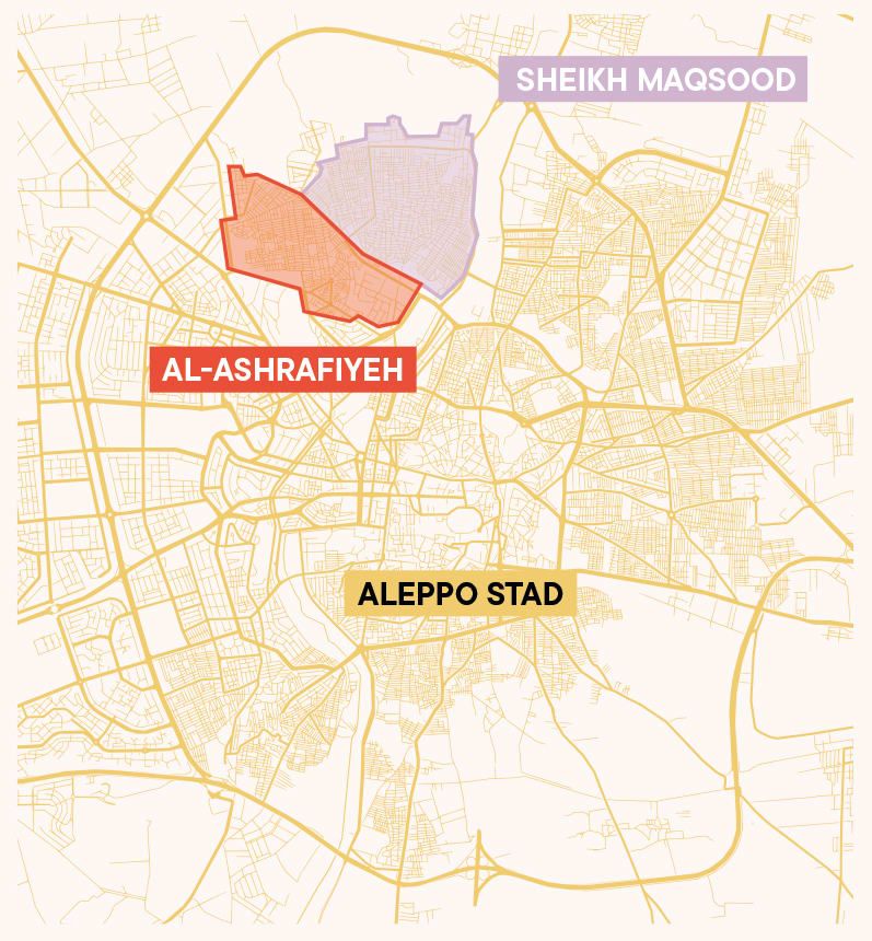 Map highlighting Al-Ashrafiyeh, Sheikh Maqsoud, and Aleppo Stad in Aleppo, with outlined areas and labeled districts.