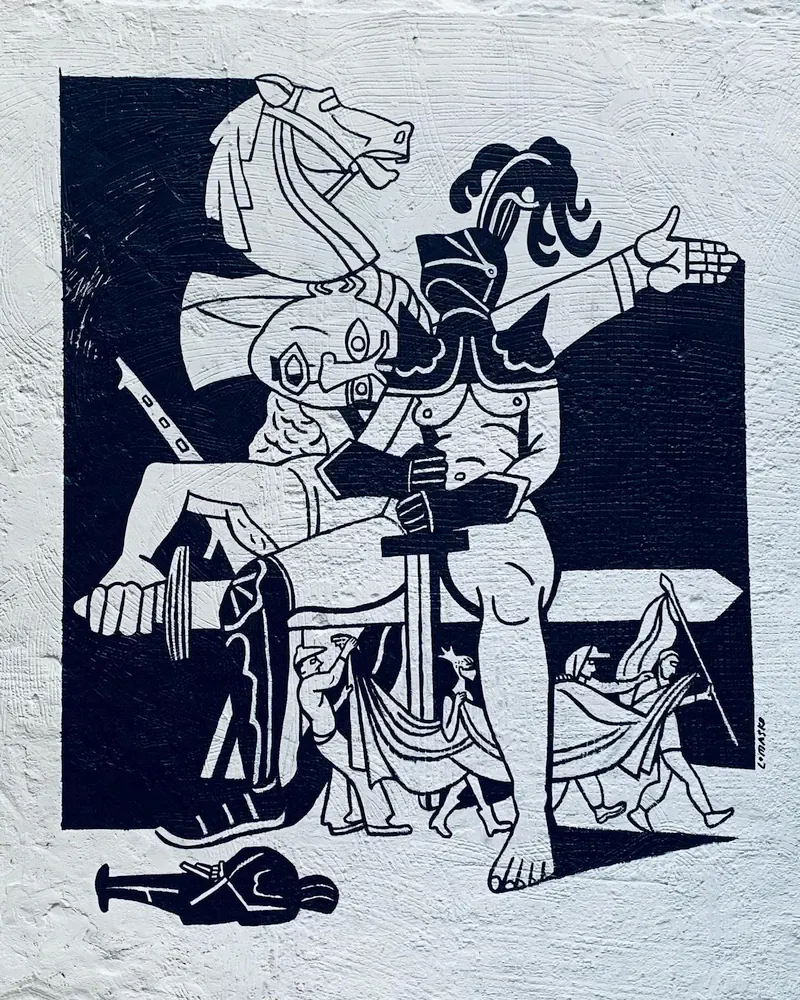 Muurschildering getiteld ‘Naked Knight’