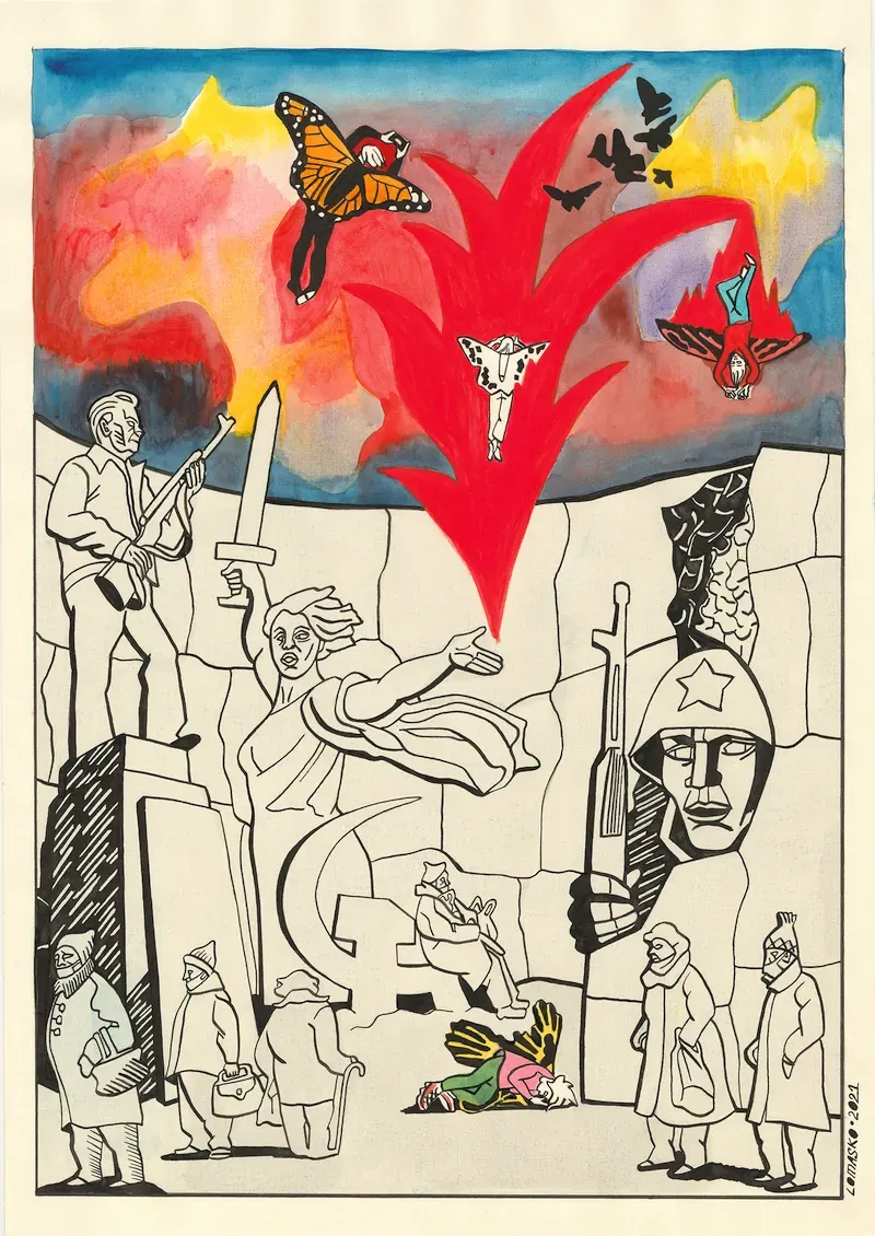 Tekening/collage van Victoria Lomasko getiteld Butterflies Aflutter