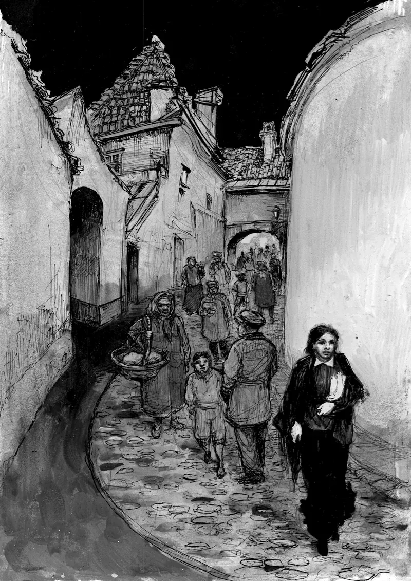 Tekening van een Straat in Vilna, waar de oorsprong van de Bund ligt.