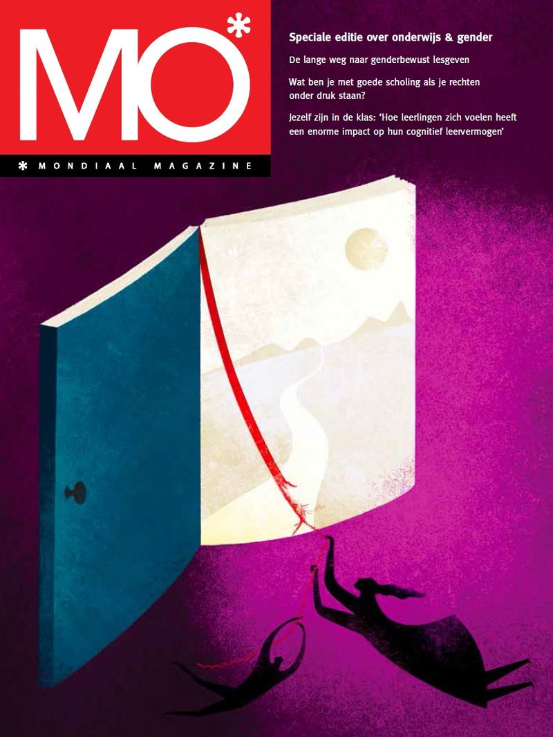 Cover of MO* Mondiaal Magazine features an open door, a red ribbon, and silhouettes of two figures on a purple background.