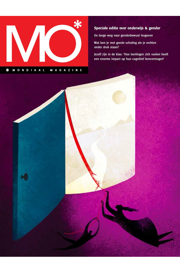 Cover of MO* Mondiaal Magazine features an open door, a red ribbon, and silhouettes of two figures on a purple background.