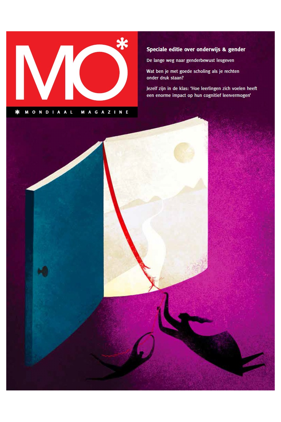 Cover of MO* Mondiaal Magazine features an open door, a red ribbon, and silhouettes of two figures on a purple background.