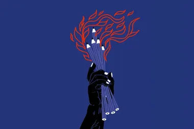 Tekening van een hand die potloden omhoog houdt