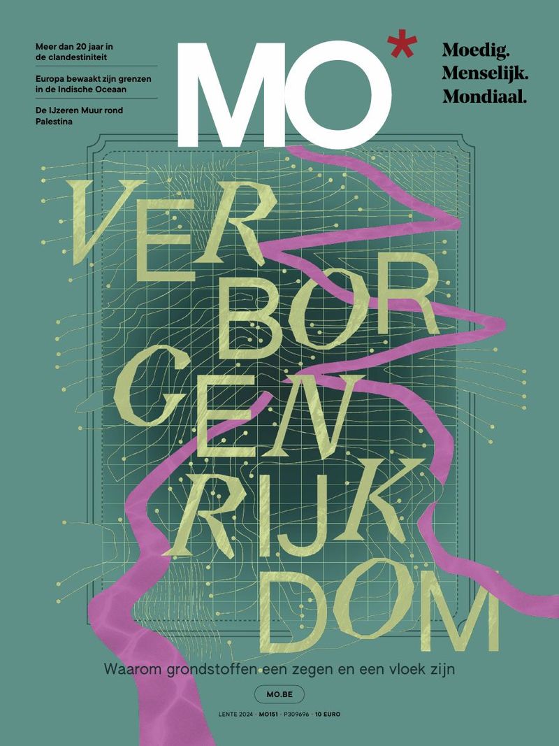 Magazine cover with "MO*" in bold white, featuring abstract maps and the text "Verborgen Rijkdom" in yellow. Subtitles discuss global issues.