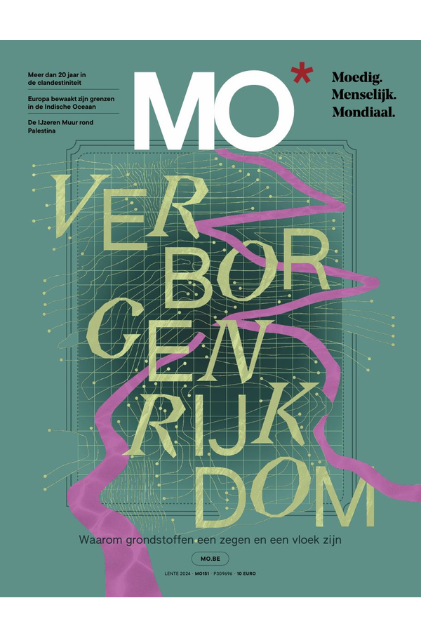 Magazine cover with "MO*" in bold white, featuring abstract maps and the text "Verborgen Rijkdom" in yellow. Subtitles discuss global issues.