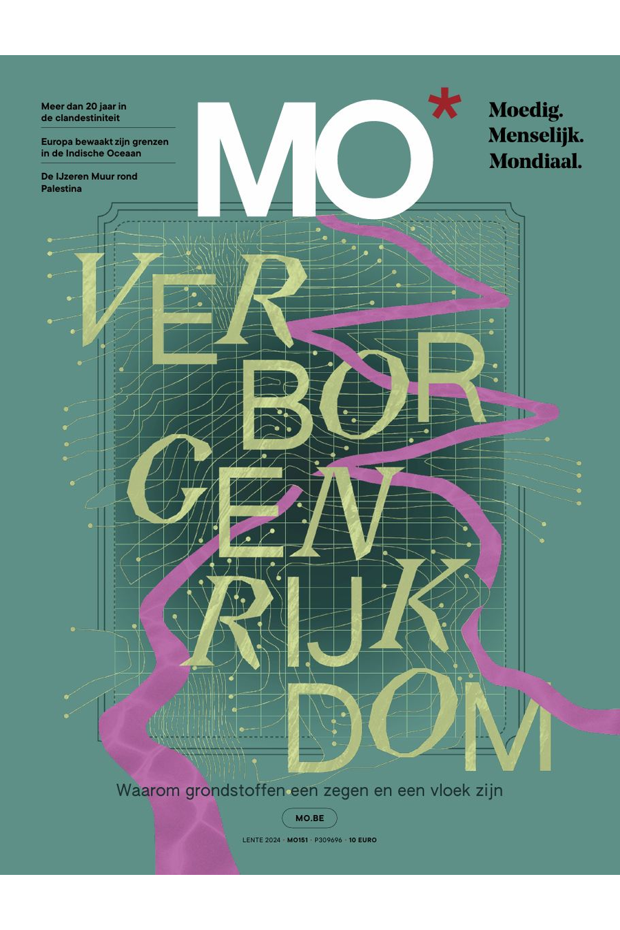 Magazine cover with "MO*" in bold white, featuring abstract maps and the text "Verborgen Rijkdom" in yellow. Subtitles discuss global issues.