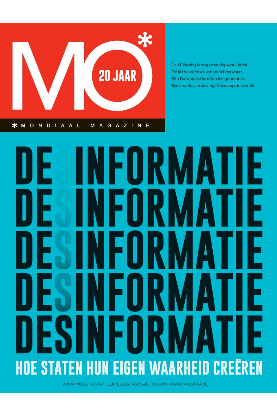 Cover of MO* magazine's 20th-anniversary issue, featuring bold text: "DESINFORMATIE". Subtext: "Hoe staten hun eigen waarheid creëren."