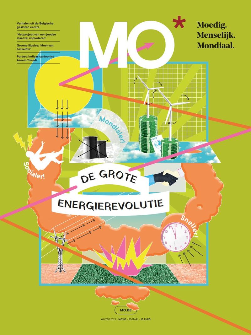 Colorful magazine cover featuring energy revolution theme, with solar panels, wind turbines, and bold text "De Grote Energierevolutie."
