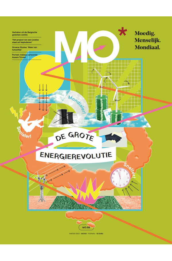 Colorful magazine cover featuring energy revolution theme, with solar panels, wind turbines, and bold text "De Grote Energierevolutie."