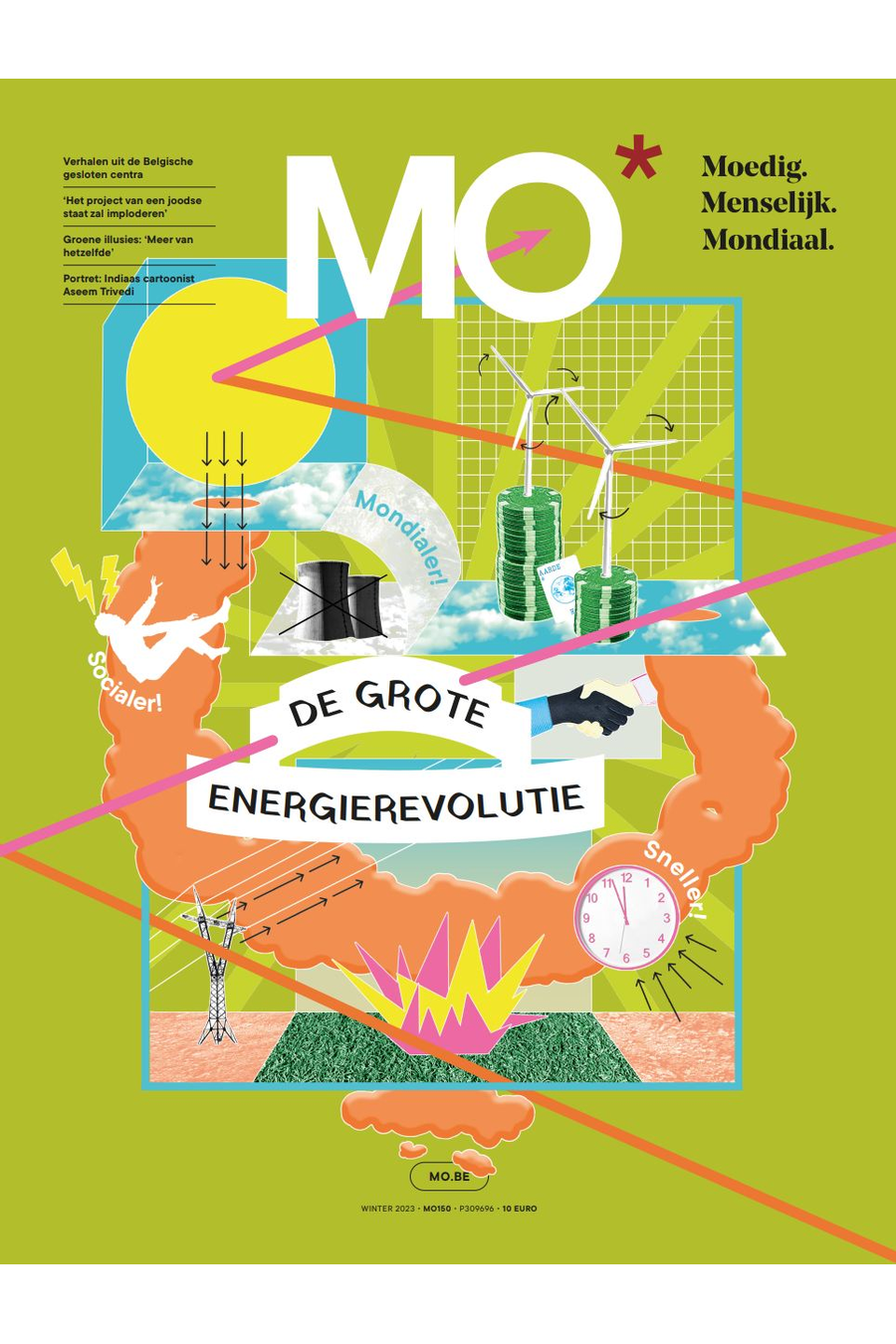 Colorful magazine cover featuring energy revolution theme, with solar panels, wind turbines, and bold text "De Grote Energierevolutie."