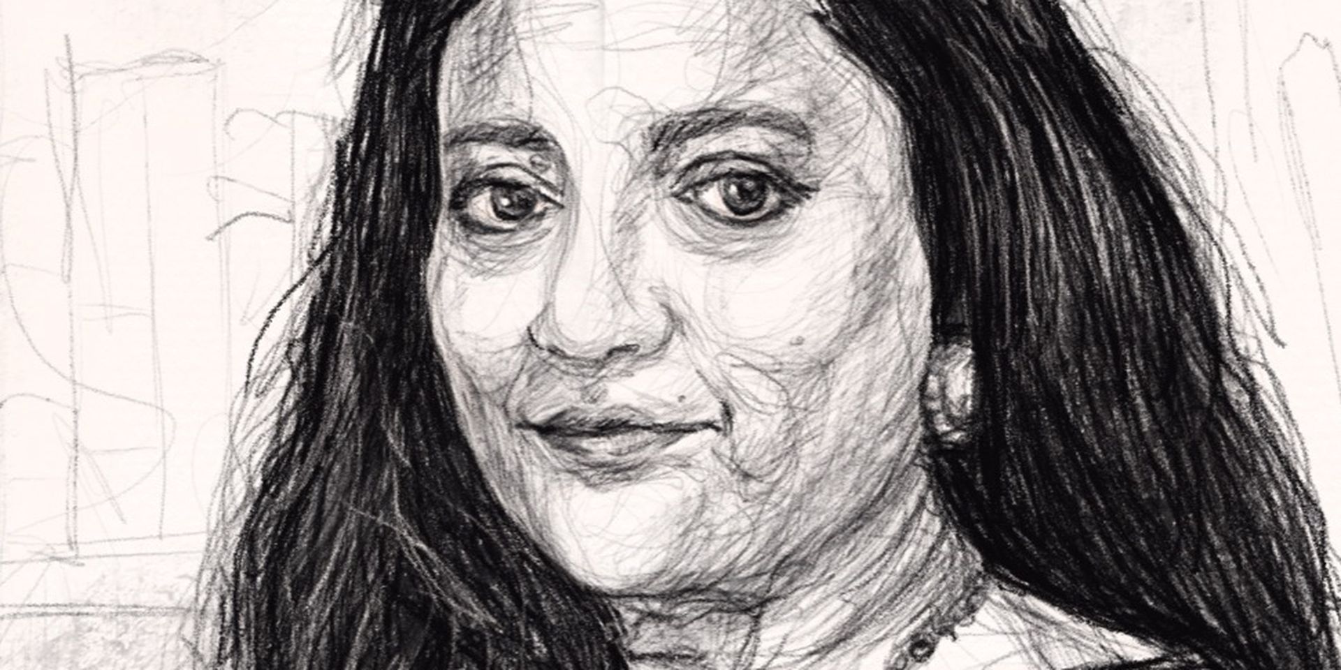 Black and white pencil sketch of a woman with long hair, wearing earrings and a necklace, gazing forward with a slight smile.