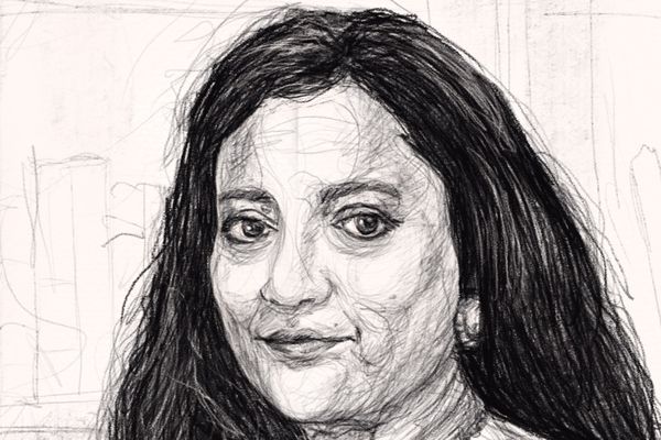 Black and white pencil sketch of a woman with long hair, wearing earrings and a necklace, gazing forward with a slight smile.