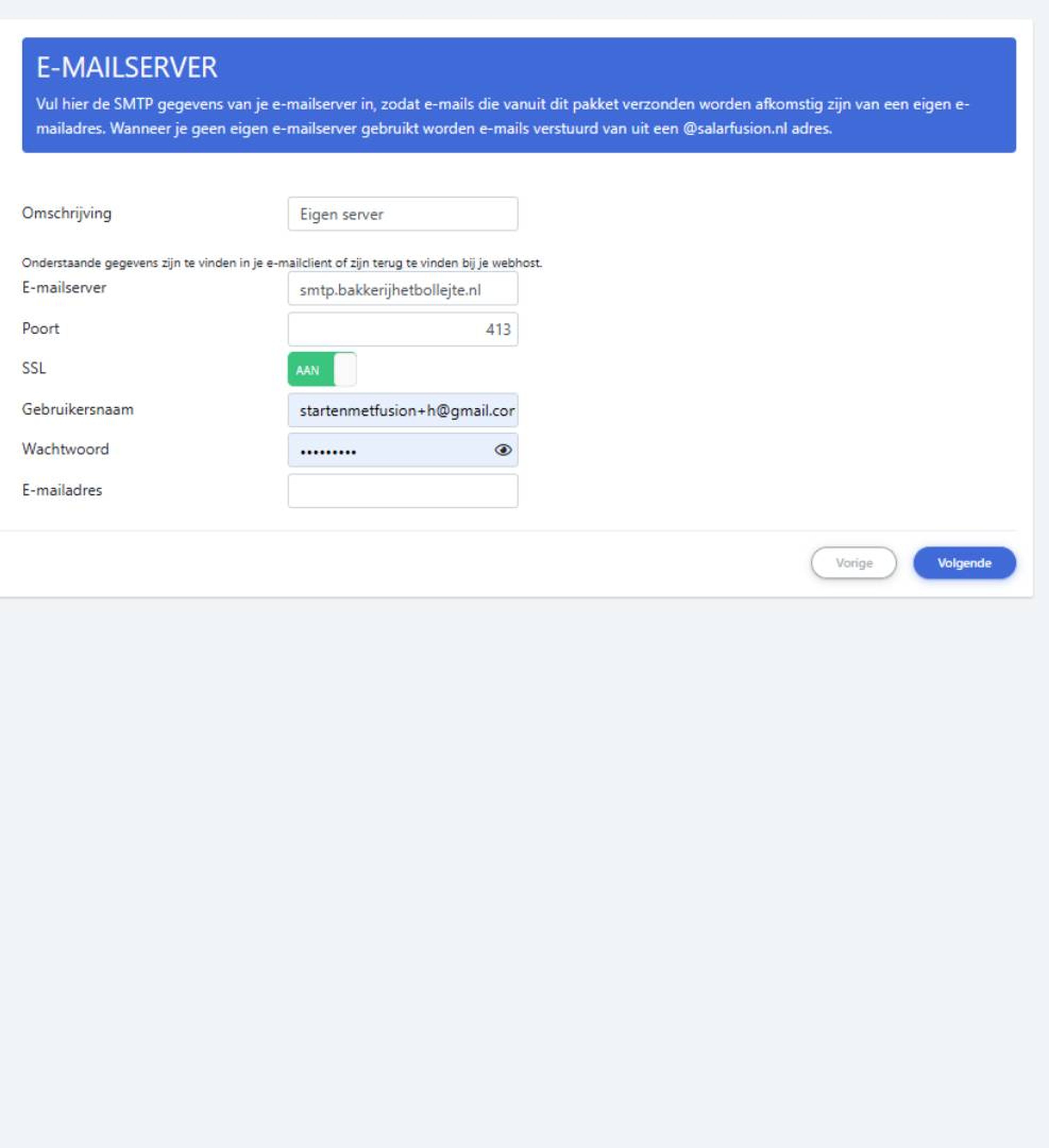 smtp instellingen SalarFusion