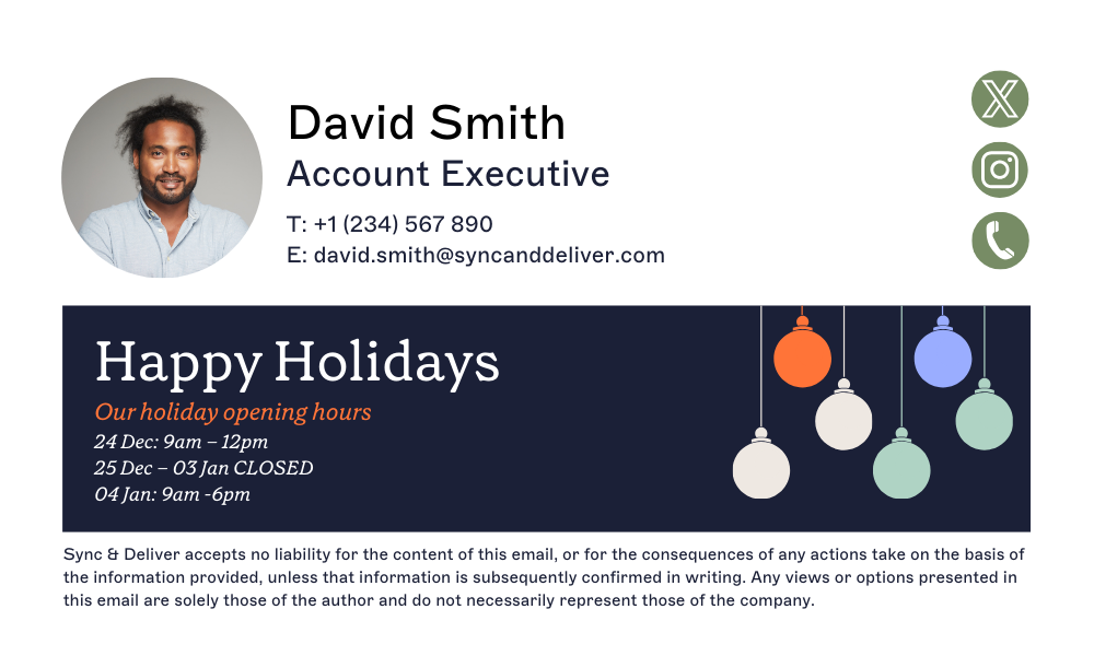 holiday email signature with banner showing opening hours