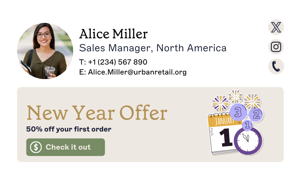 new year email signature with 50% off promo banner