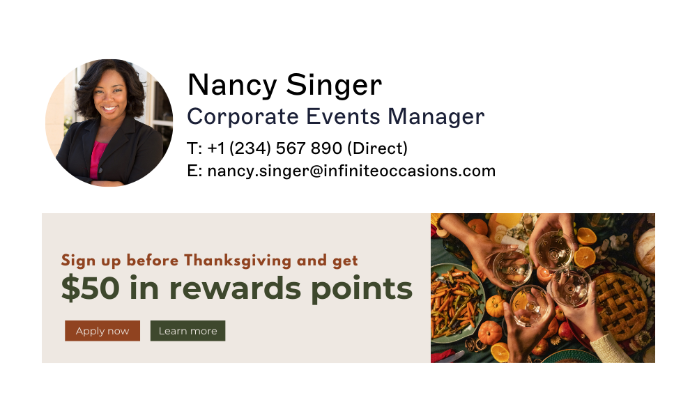 Thanksgiving email signature with rewards promo banner