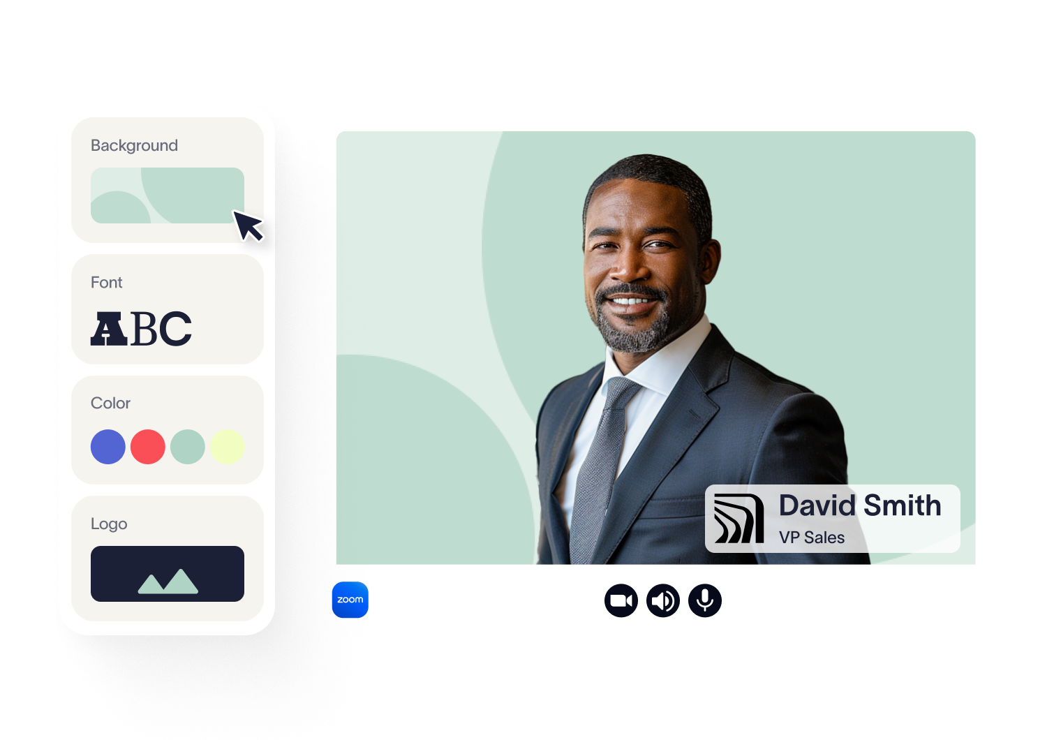 Man in a suit on a video call screen with customization options for background, font, color, and logo on the side.