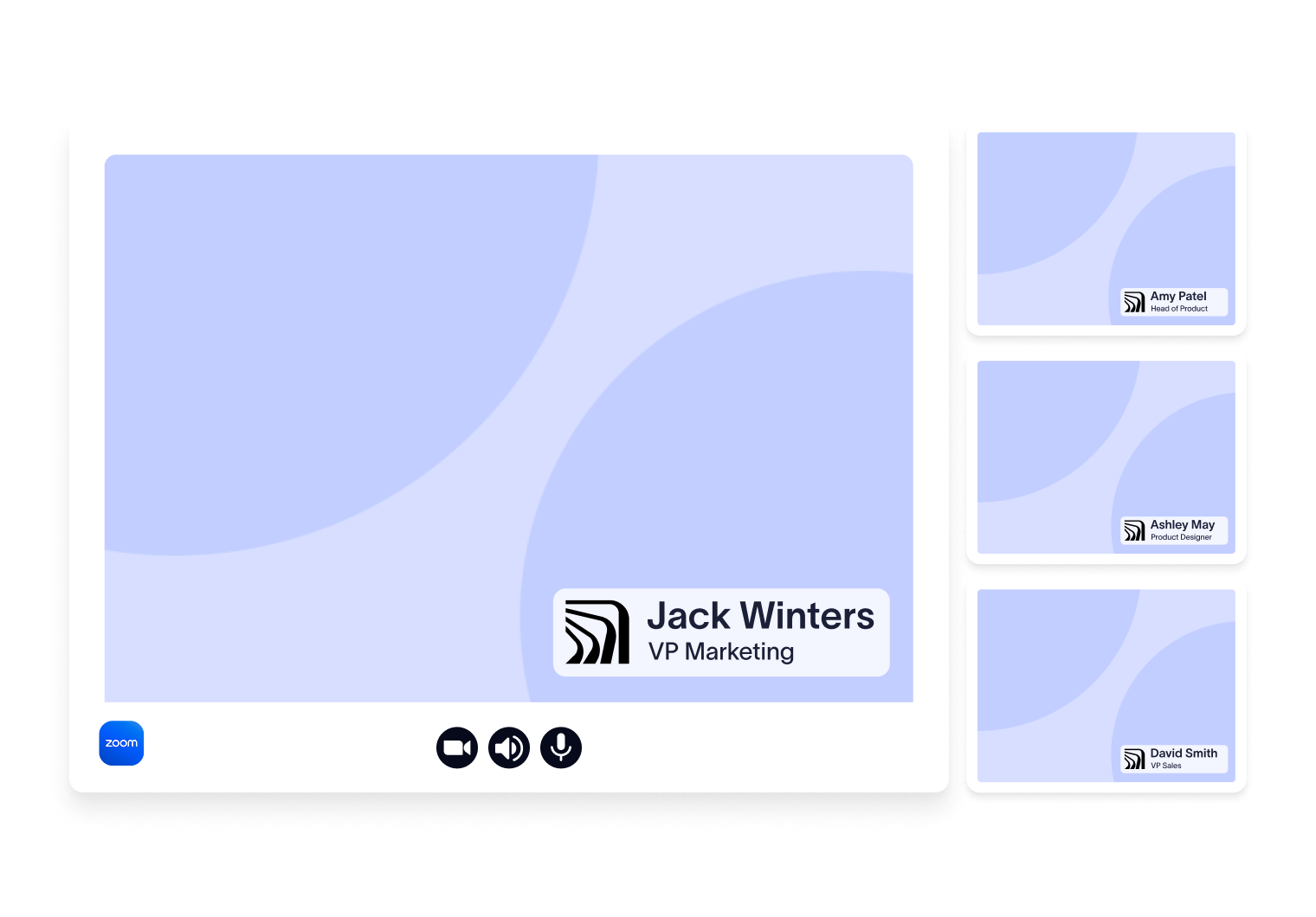 Video conference interface showing a large screen labeled "Jack Winters, VP Marketing" and three smaller participant screens on the right.