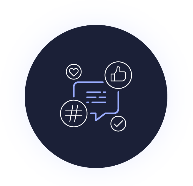 A dark circle with social icons