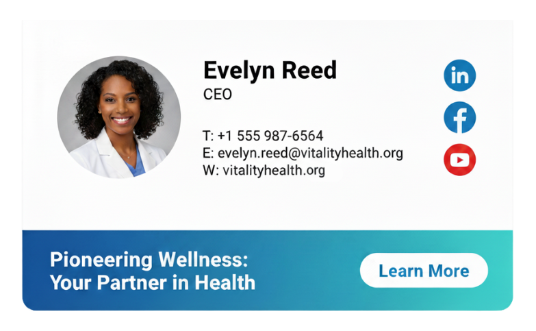 Healthcare CEO email signature example with headshot and wellness banner