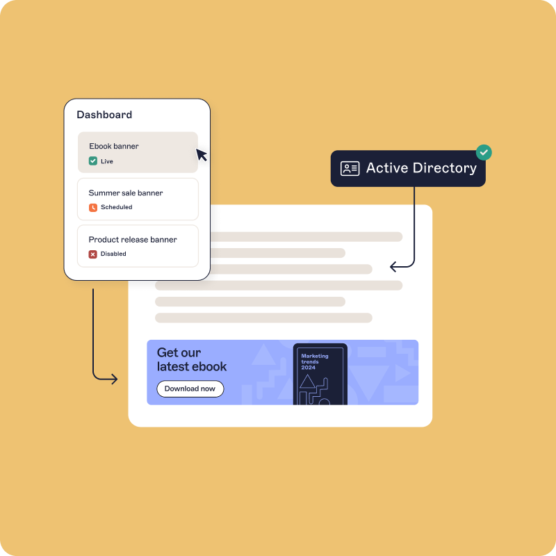 Illustration d’un tableau de bord affichant le statut des bannières, lié à une page web avec un bouton « Télécharger maintenant » pour un e-book