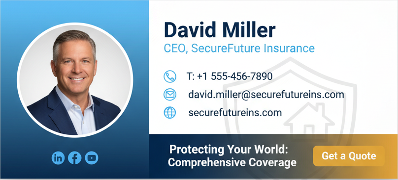 Insurance CEO email signature example with executive headshot and branded banner