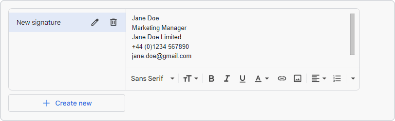 Fill in your contact information in the Gmail signature editor