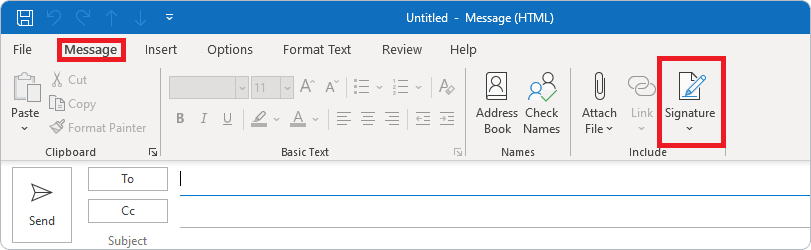 Choose Signature in Outlook 2019