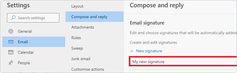 My new signature setting in Outlook