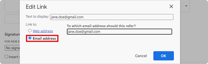 Add URL option in Gmail signature editor