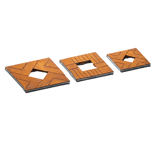 Three square, orange wood panel designs with geometric cutouts and patterns.