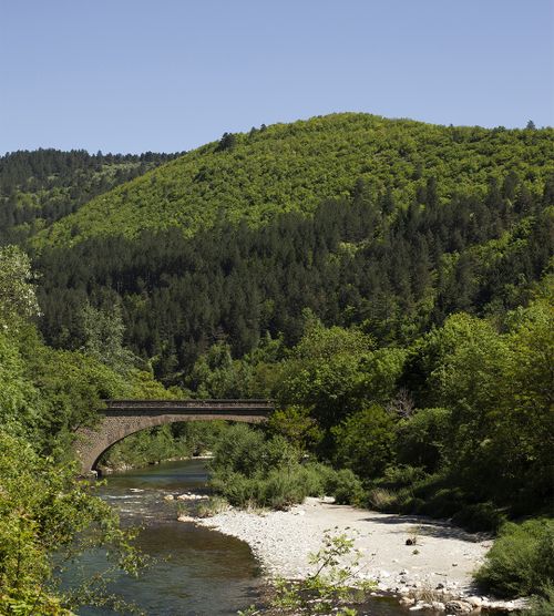 Pont en pierre enjambant une rivière entourée de collines boisées en Cévennes - Atelier Tuffery