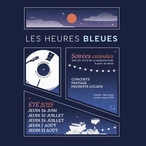 Affiche des Heures Bleues 2025 avec les dates des soirées et les informations principales (concerts, produits locaux, horaires). - Atelier Tuffery