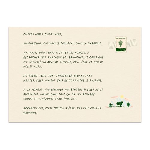 Verso d’une carte postale du Carnet d’été, avec un texte manuscrit racontant le passage du troupeau dans la garrigue. - Atelier Tuffery