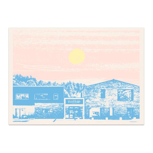 Carte postale illustrée d’un paysage de montagne stylisé, évoquant la fin du chemin et la transformation de la laine. - Atelier Tuffery