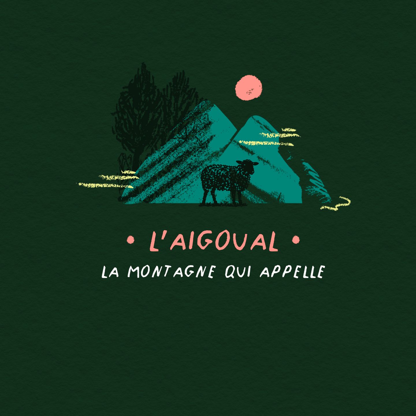 Illustration de l’Aigoual, la montagne qui appelle, avec une brebis devant un paysage de montagne stylisé. | Atelier Tuffery