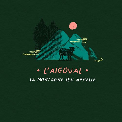 Illustration de l’Aigoual, la montagne qui appelle, avec une brebis devant un paysage de montagne stylisé. - Atelier Tuffery