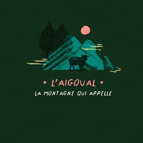 Illustration de l’Aigoual, la montagne qui appelle, avec une brebis devant un paysage de montagne stylisé. - Atelier TUFFERY