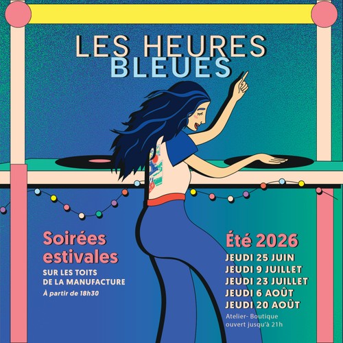 Affiche Les Heures Bleues 2026, soirées estivales sur les toits de la manufacture Atelier Tuffery à Florac avec concerts et boutique ouverte en soirée - Atelier Tuffery