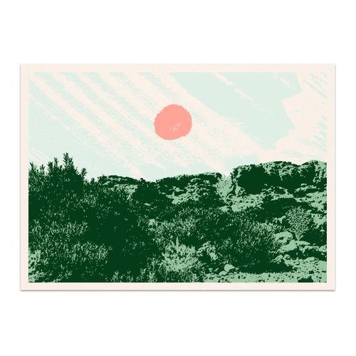 Carte postale illustrée des garrigues, avec un paysage méditerranéen de pierres, d’arbustes et de soleil. - Atelier Tuffery