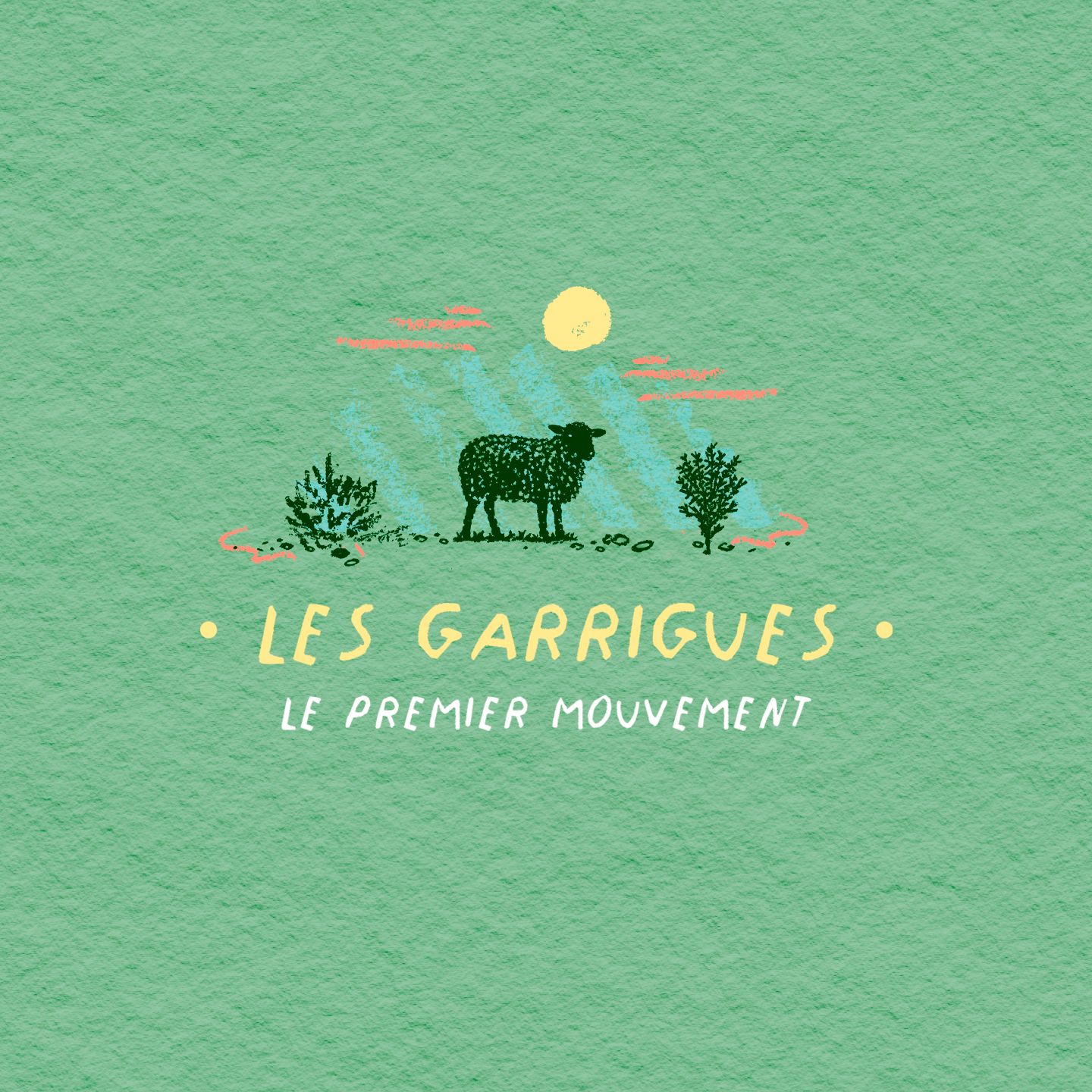Illustration du Mas de Janiny, le pays d’hiver, avec une brebis devant un paysage de vignes stylisé. | Atelier Tuffery