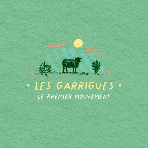 Illustration du Mas de Janiny, le pays d’hiver, avec une brebis devant un paysage de vignes stylisé. - Atelier Tuffery