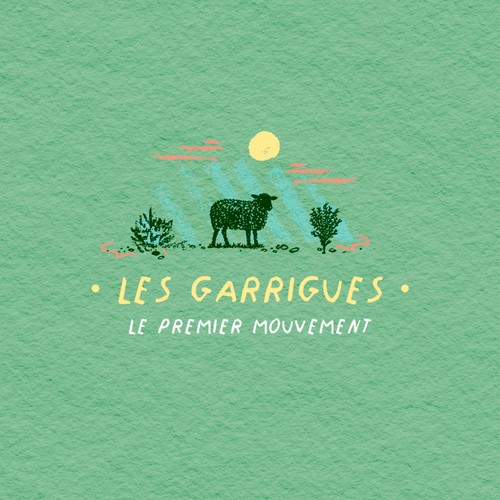 Illustration du Mas de Janiny, le pays d’hiver, avec une brebis devant un paysage de vignes stylisé. - Atelier TUFFERY